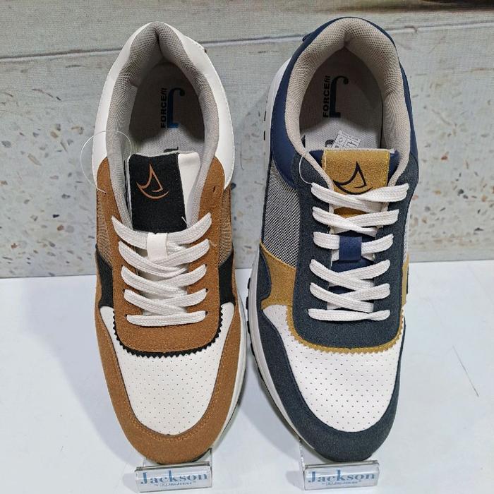 Jackson Sepatu Sneakers Pria Model Force Warna Coklat Putih dan Biru Tali Putih Nyaman untuk Olahrag