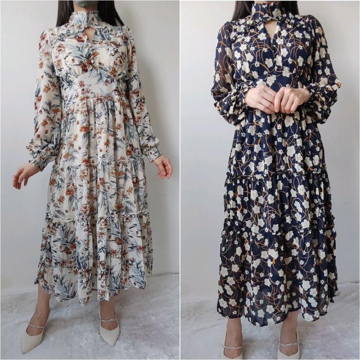 DESYA Chiffon Dress Import - Gaun Sifon Bunga - Maxi Floral Flower - Gamis Import Lengan Panjang - R
