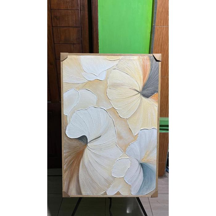 LUKISAN BUNGA ABSTRAK 3D TEKSTUR TIMBUL - BEIGE MINIMALISM ELEGANCE IN BLOOM CANVAS ART - LUKISAN HA