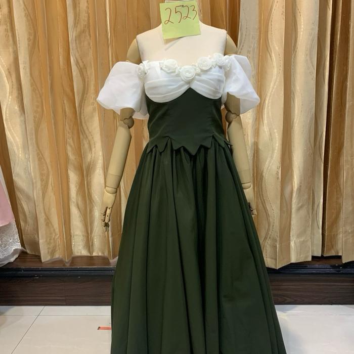GAUN HIJAU OLIVE ALINE LENGAN SABRINA BALON