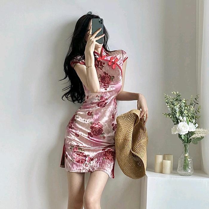 Baju Cheongsam Dress Wanita Kerah Sanghai Tradisional China