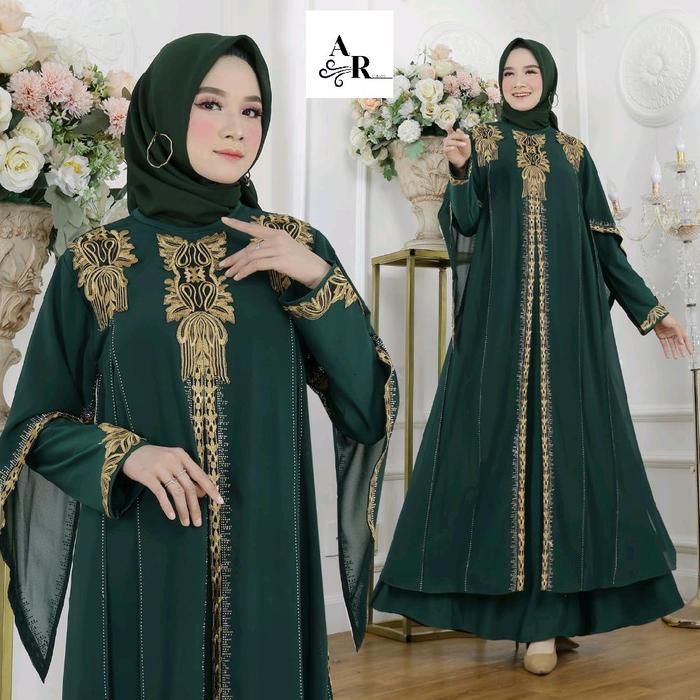 Gamis Abaya Turkey Jersey Mix Ceruty Bordir - Rose Gold Warna-Hijau Botol