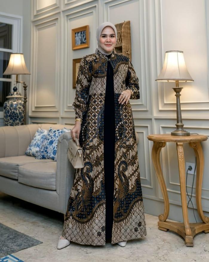 Batik Dress Premium Hazana Modern Gamis Cardigan Wanita Bahan Katun Batik Solo
