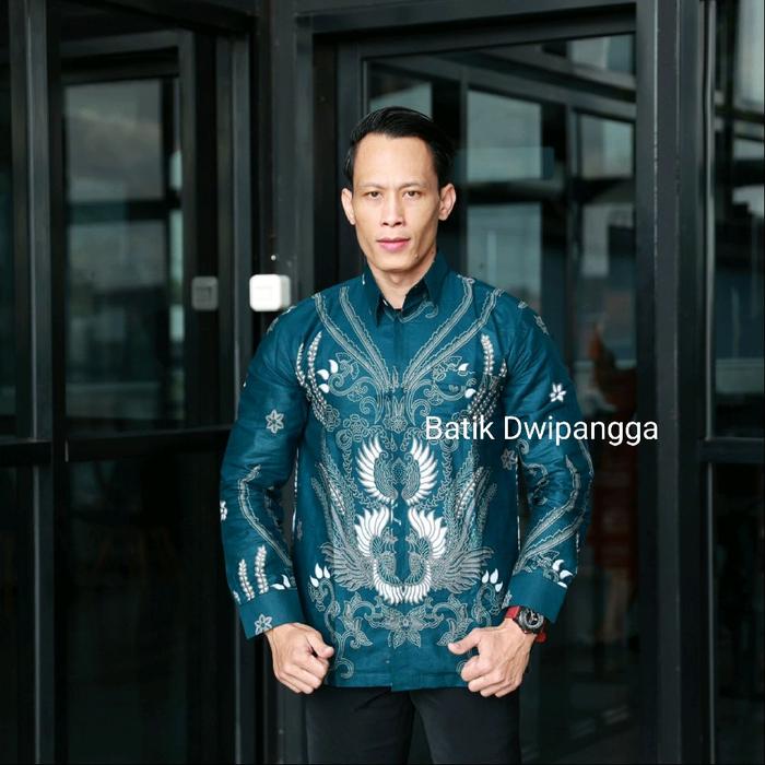Ismoyo Biru Emerald Kemeja Hem Batik Solo Katun Premium Pria Cowok Fit Motif Mewah Kondangan Lengan 