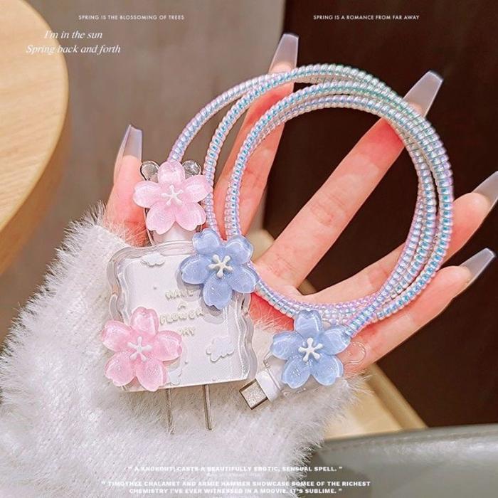 VIRAL !! Pelindung Charger Iphone Motif Bunga Pelindung Cover Kabel & Kepala Charger Iphone 18w&20w