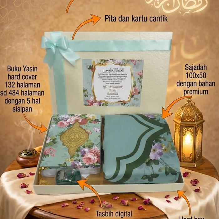 Souvenir Tahlil Yasin Premium Buku Yasin Hard Cover 132 Halaman Sajadah 100x50 Tasbih Digital dan Ka