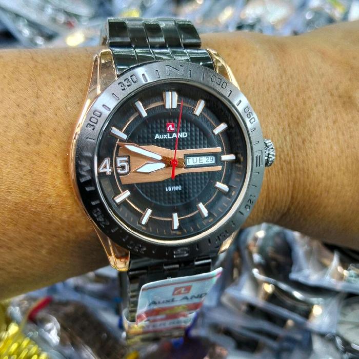 AUXLAND Jam Tangan Pria Fashion Rantai Hitam Kombinasi Rosgold Original Tahan Air Tanggal Hari Aktif
