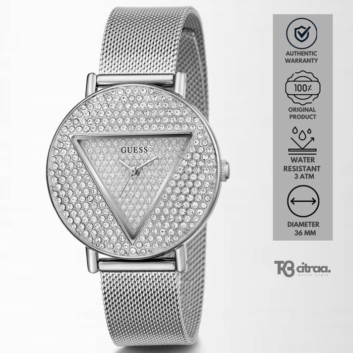 Jam Tangan Wanita Guess Iconic GW0477L1 Ladies Silver Glitz Dial Stainless Steel Mesh Strap Mewah Lu