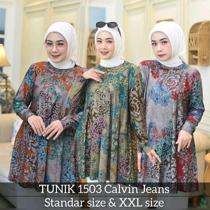 Tunik Calvin Jeans - Atasan Muslim Wanita Panjang Katun Remaja Dewasa - Linen, Motif, Rayon