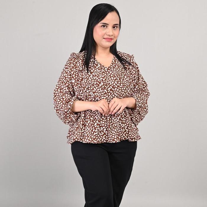 Blanka Curve Baju Big Size Blouse Wanita Lengan Panjang Side Ruffle Loreng Coklat