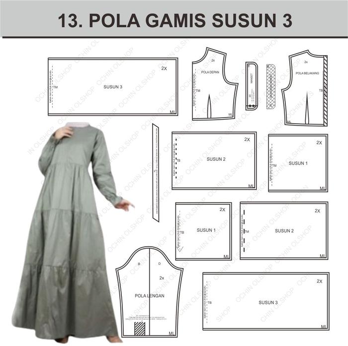 Pola Gamis Susun 3 ukuran XS-4XL - Cetak Kertas Marker/ Plotter & HVS A0 Siap Jahit