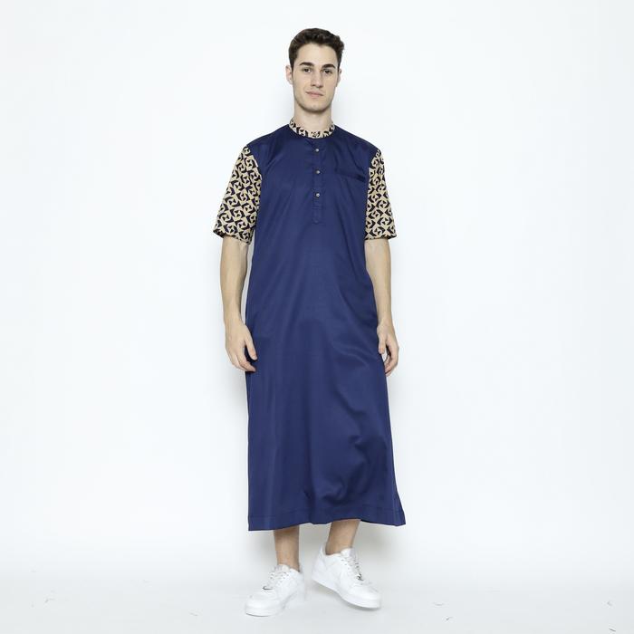 jubah gamis koko lengan pendek katun toyobo bahan premium batik gamis cowok warna biru dongker navy 