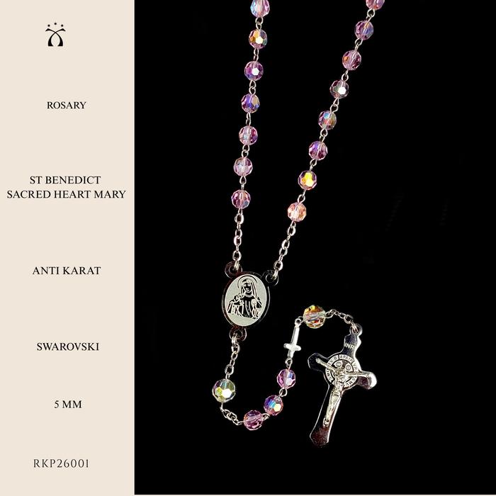 Toba Art - Kalung Rosario ST Benediktus Crystal Best Euro Pink 5 mm Salib Benediktus + Cent Hati Kud