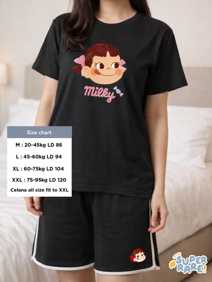 Super Rare - ONE SET PEKO MILKY - Setelan Piyama Baju Kaos Santai Wanita Katun Lengan Pendek Celana 