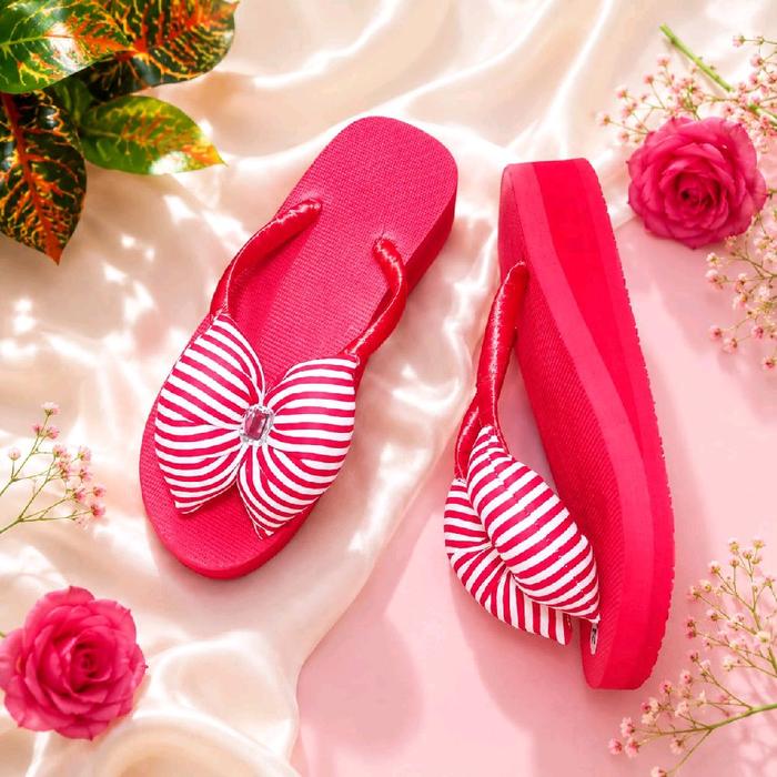 SANDAL JEPIT WEDGES 4 CM PITA WANITA HANDMADE GARIS SALUR MERAH
