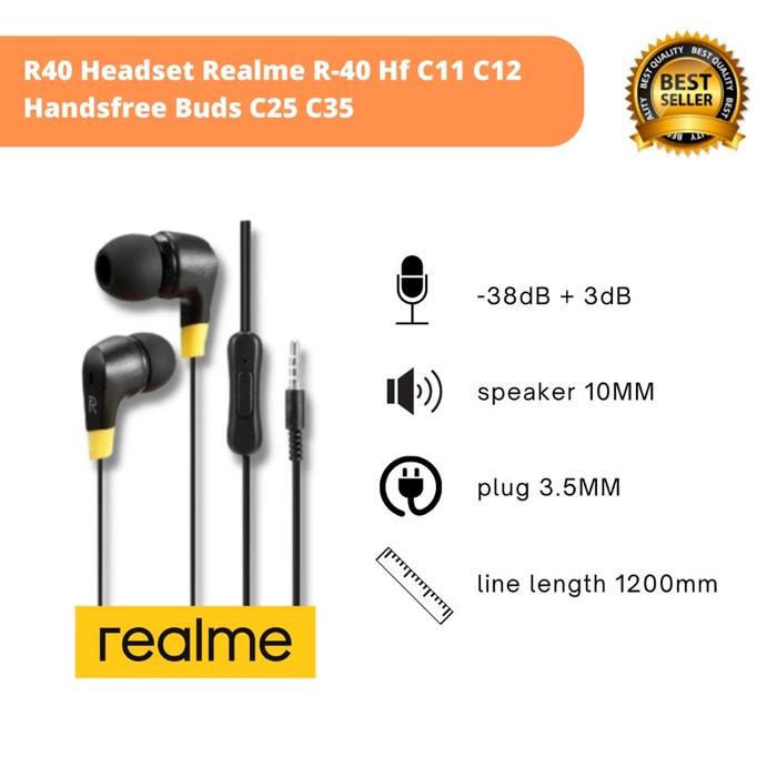 R40 Headset Realme R-40 Handsfree Buds C11 C12 C15 Hf C25 C35 Packing Plastik Warna Hitam