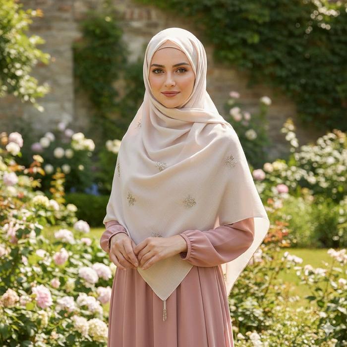 jilbab persegi empat Voal Paris Sulam Tabur Motif Star  Muslim