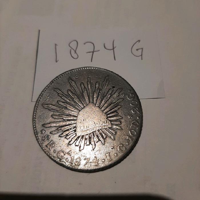 1874 G , koin Perak Meksiko, mexicana 8R, Ga 1874 IG, 8 reales, with chop marks.