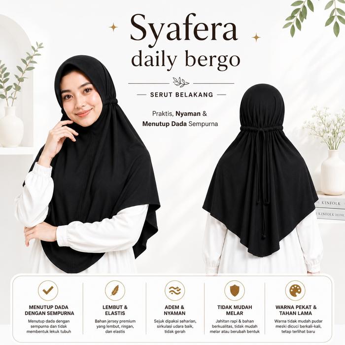 Jilbab Instan Bergo Syafeera Serut Belakang Jersey Premium Adem Size L KHR