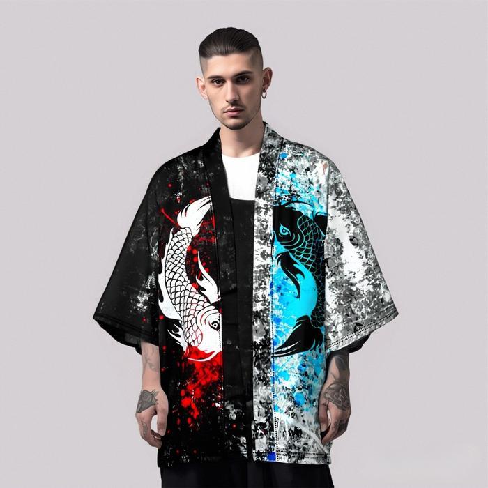 Fashion Ikan Mas Cina Ok Warna Splicing Cosplay Haori Kasual Longgar Pria Kimono Jepang Harajuku
