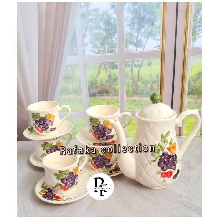CANGKIR TEKO SET JUMBO KERAMIK MOTIF BUAH/ GELAS TEH KOPI KERAMIK