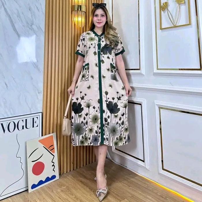 Daster Kancing Busui Rayon Premium Dress Piyama Wanita Bumil Panjang Motif Kimono Ibu Bunga Pendek N