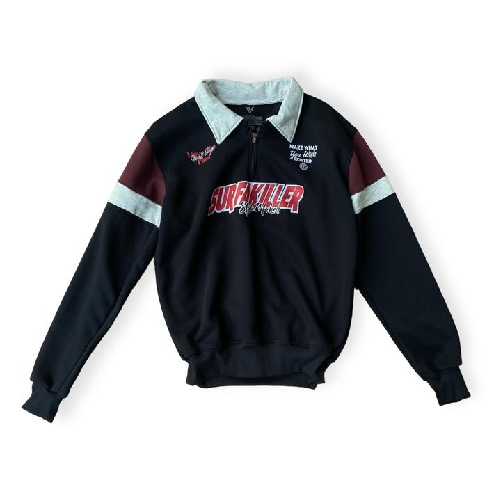 Surfakiller Jaket Rugby Hitam Katun Flecee Santai Polos