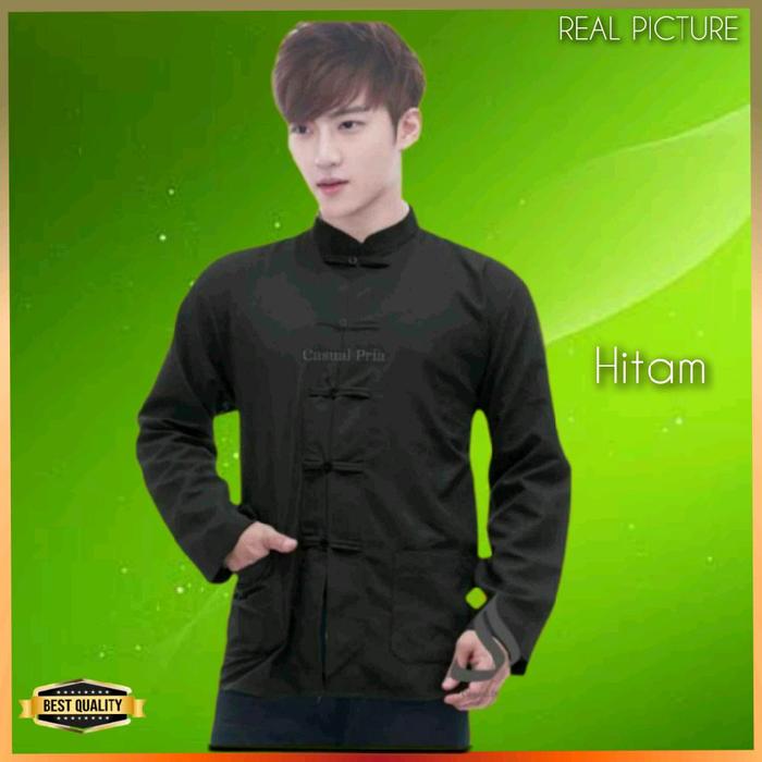 Baju Atasan Tradisional Cina Cheongsam Pria Kemeja Imlek Modern Hitam