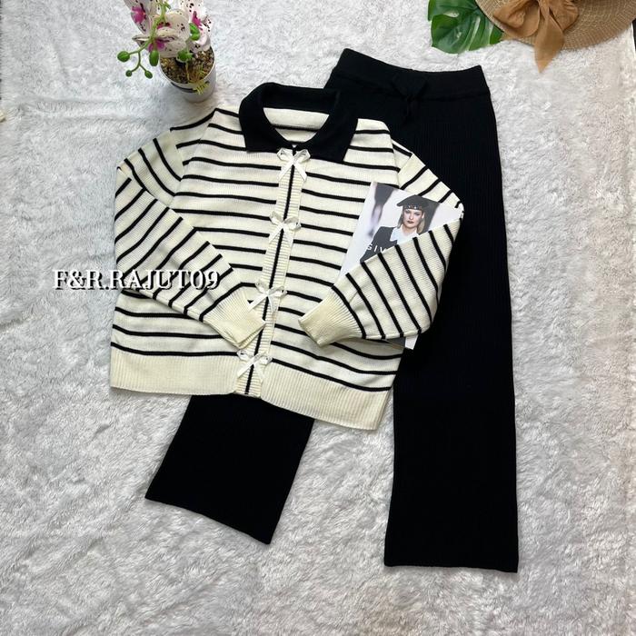 Oneset Abel Sweater Rajut Motif Pita Stripe Setelan Celana Kulot Wanita Premium Lengan Panjang Kekin