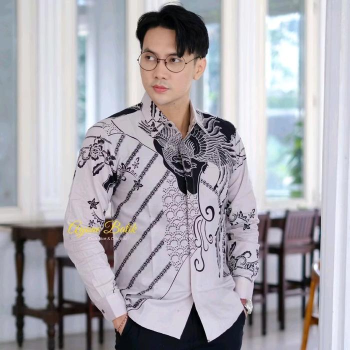 BWS kemeja Batik motif CREAM lengan panjang lapis furing bahan katun halus lembut solo