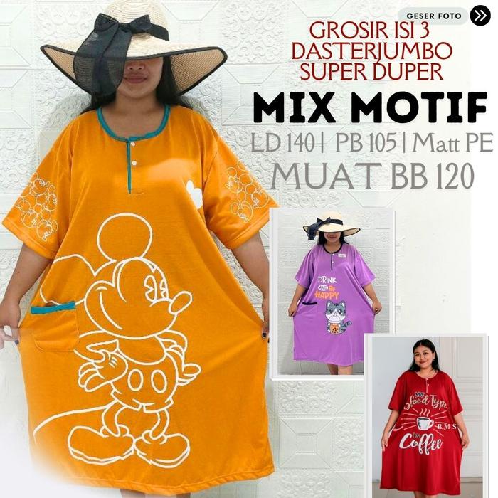 Grosir Isi 3 Pcs Super Duper Jumbo Daster Tidur Wanita Bahan Kaos Muat BB 120Kg Lingkar Dada 140 Pen