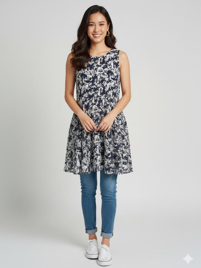 Simply Vera Wang Dress Tanpa Lengan Fit Flare Motif Floral Elegan Warna Navy & Putih Bahan Rayon Ble