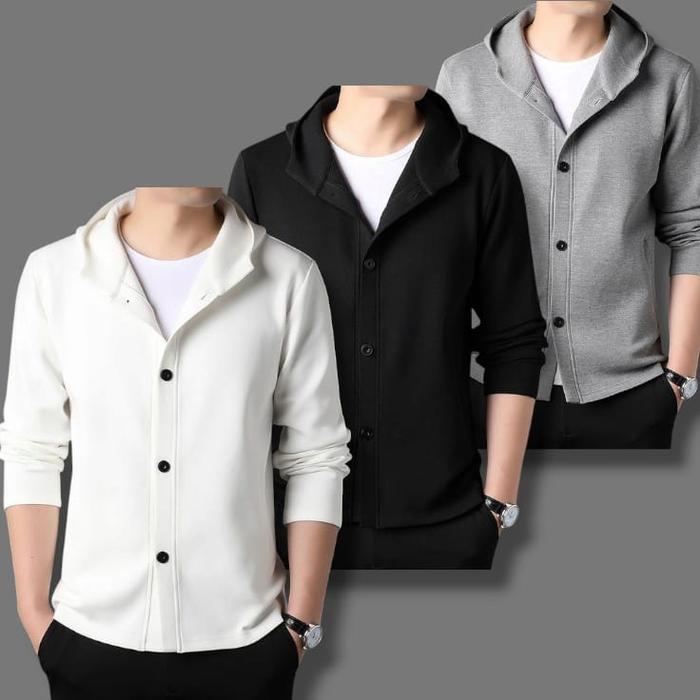 Hoodie Kemeja Kancing Lengan Panjang Pakek Kupluk Polos Stylish Remaja Kekinian - Pria Casual Nyaman