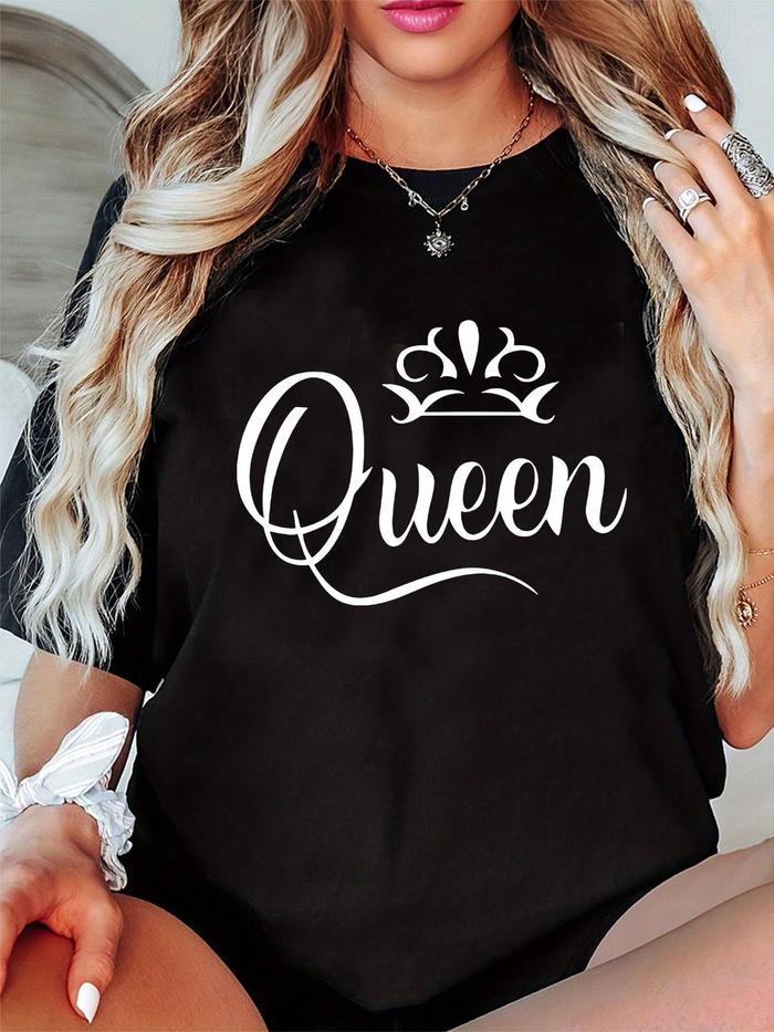 Camiseta Plus Size para Mujer - Diseno de Reina con Cuello Redondo y Manga Corta, Estampado Geometri
