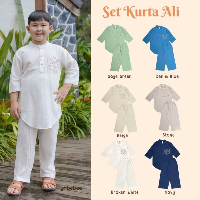 Set Kurta Ali Sage Green Denim Blue Beige Stone Broken White Navy Koko Fashion
