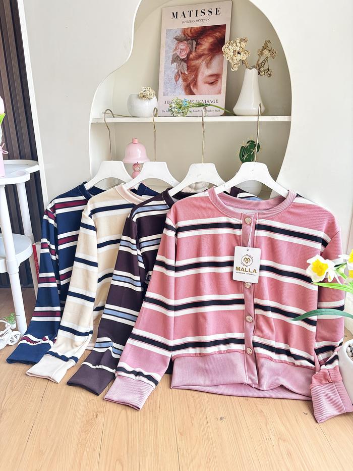 Madamemalla Exclusive Atasan Cardigan Knit Motif Salur Combinasi Full Kancing PO 492 YUKI KATO 25062