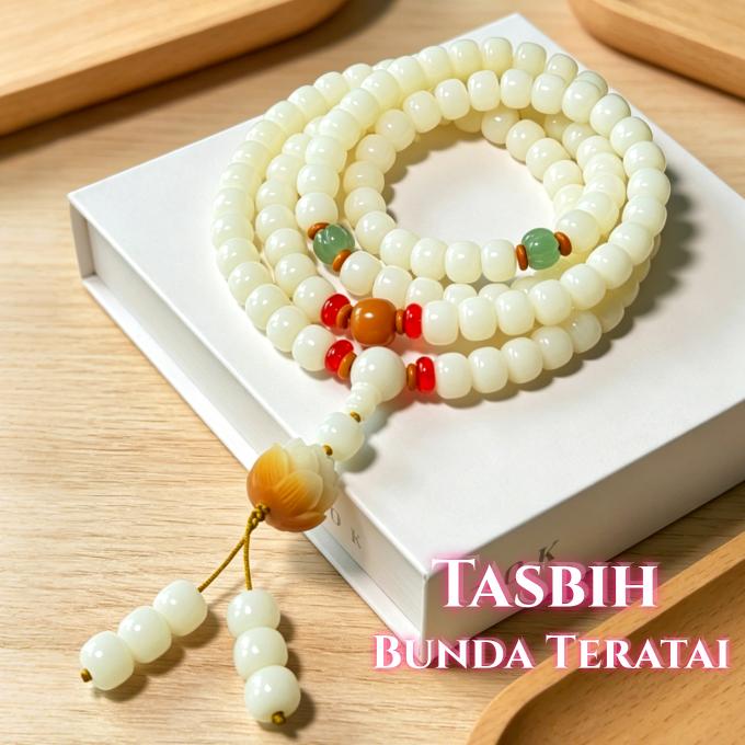 Gelang Zikir Tasbih 108 Biji Putih Asli — Ukiran Teratai yang Anggun & Menyejukkan Hati | Teman Ibad