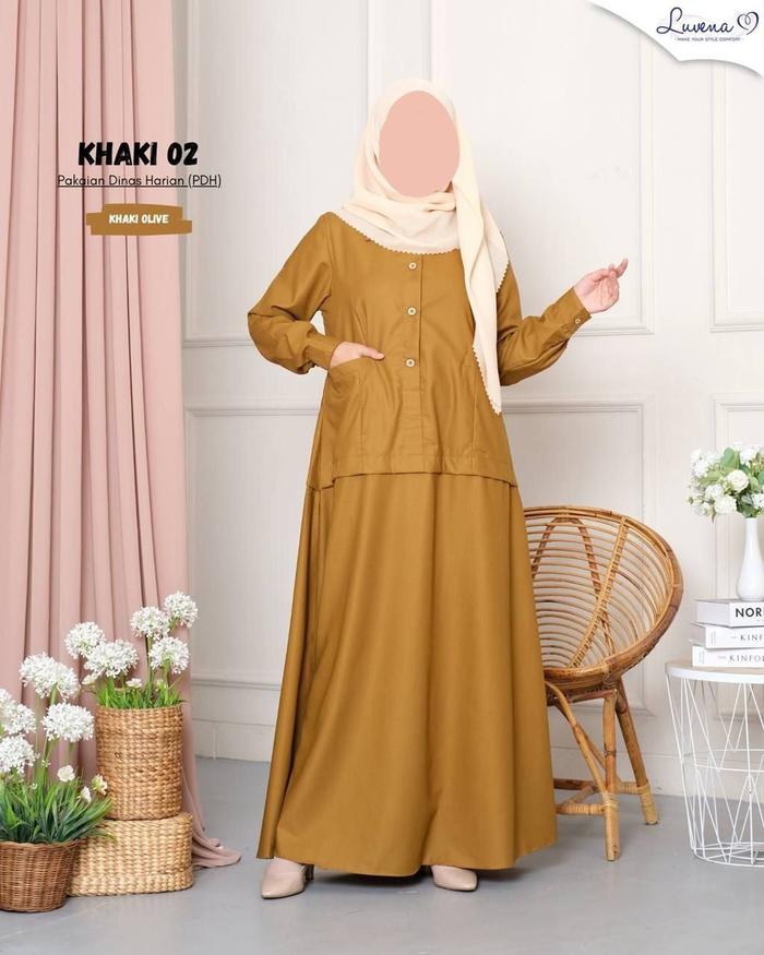 Dress Dinas Khaki Olive by Luvena baju gamis wanita seragam harian XL Muslim Atasan Kancing