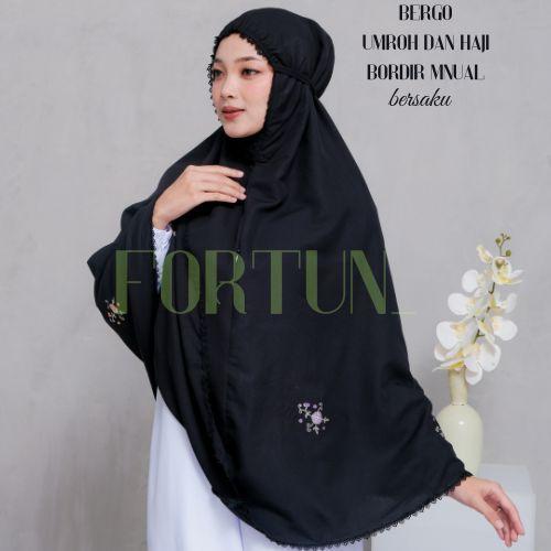 Bergo Bordir Manual Muka Renda kecil standar umroh dan haji  hitam dan putih