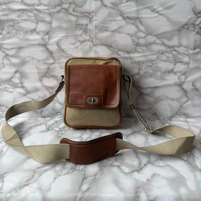 TAS SELEMPANG KECIL PRIA HAZZYS KULIT ASLI KANVAS SECOND BRANDED COKLAT / TAS SLING HAZZYS PRIA