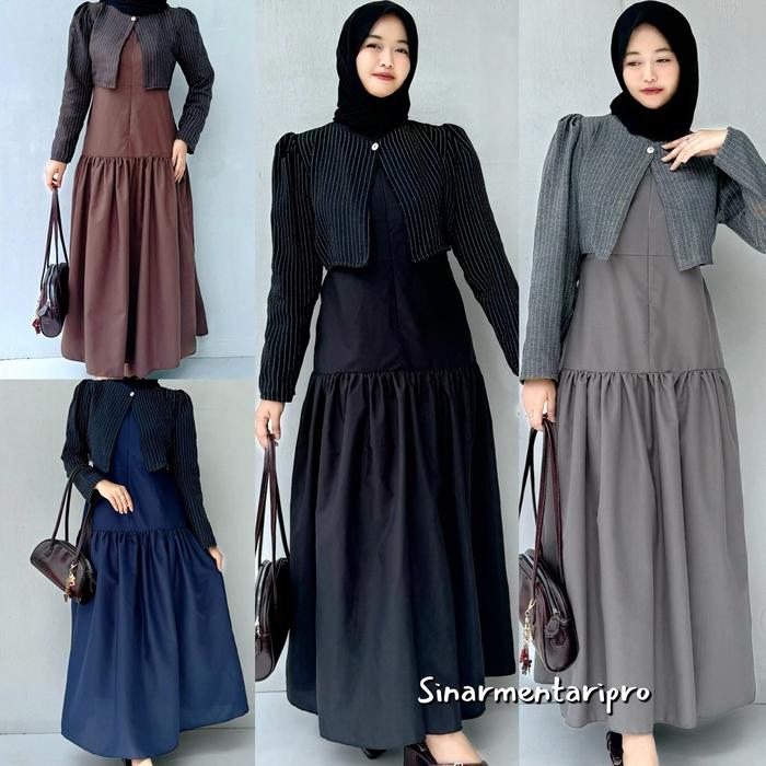 SINAR - ZUMI One Set Gamis Semi Wool Baju Muslim Blazer Dress  Setelan Baju Wanita Vest Rompi Outer 