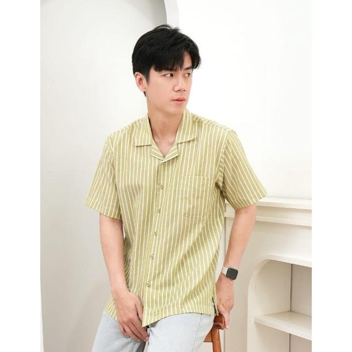 Kemeja Lengan Pendek Stripe Garis Sage /Hijau Open Collar II Relaxed Fit Casual Office Wear