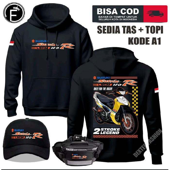 SWEATER HOODIE SUZUKI SATRIA R 120 JAKET SUZUKI SATRIA R 120PLUS TAS DAN TOPI TERBARU BAHAN TEBAL BA