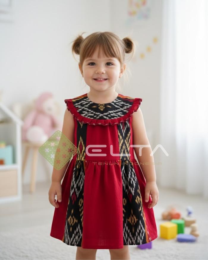 elta tenun Dress Anak Tenun Motif Rote Merah – Baju Anak Perempuan Etnik Modern | Pakaian Anak Lucu 