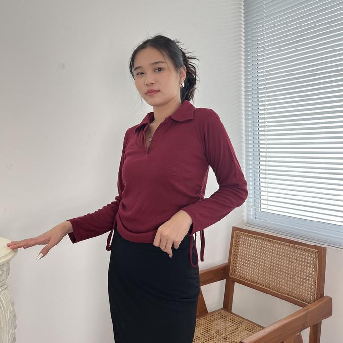 Lassmee | LYDIA Baju Blouse Wanita / Atasan Berkerah Wanita / Kaos Polo Polos Tali Serut / Crop Top 