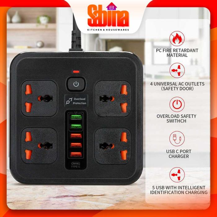 Stop Kontak Kabel 4 Lubang Universal 5 USB EU Plug 10A 250V 3000W 2M