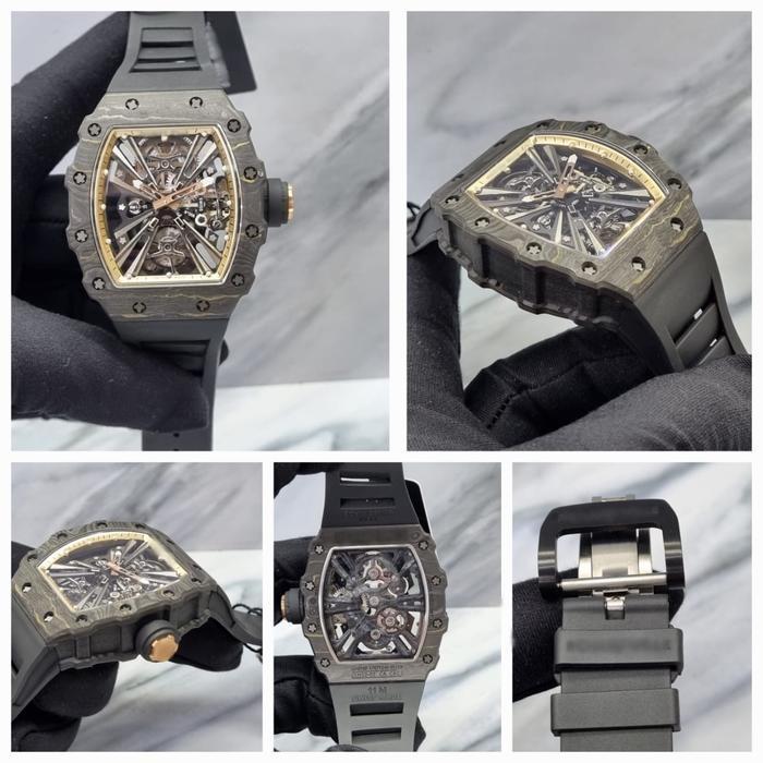JAM TANGAN RM 12-01 BLACK CARBON CASE TURBILLON 43MM BLACK RUBBER STRAP TRANSPARANT BACKCASE SP-COLL