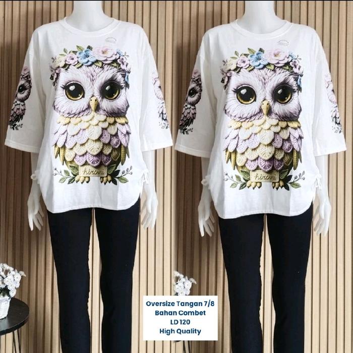 Kaos Oversize Tangan 7/8 Bahan Combat LD120 High Quality dengan Desain Burung Hantu dan Bunga