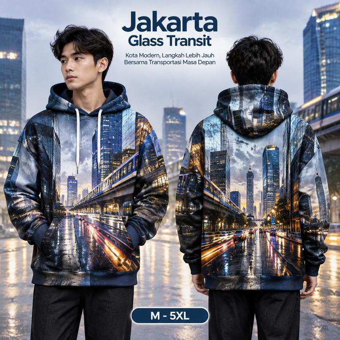 Jaket Hoodie Pria Motif Kota Jakarta Malam Hari, Desain Full Print Gedung Pencakar Langit dan Jalana