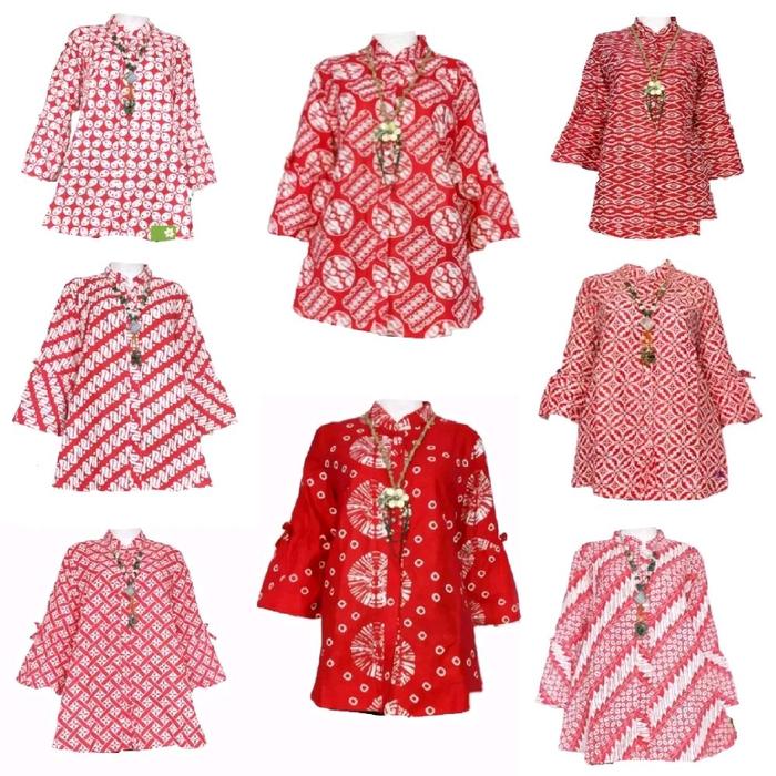 *BAJU BATIK KATUN BLUS TEROMPET MERAH DELIMA ATASAN WANITA | BATIK ATASAN WANITA TERBARU KEMEJA KOTA